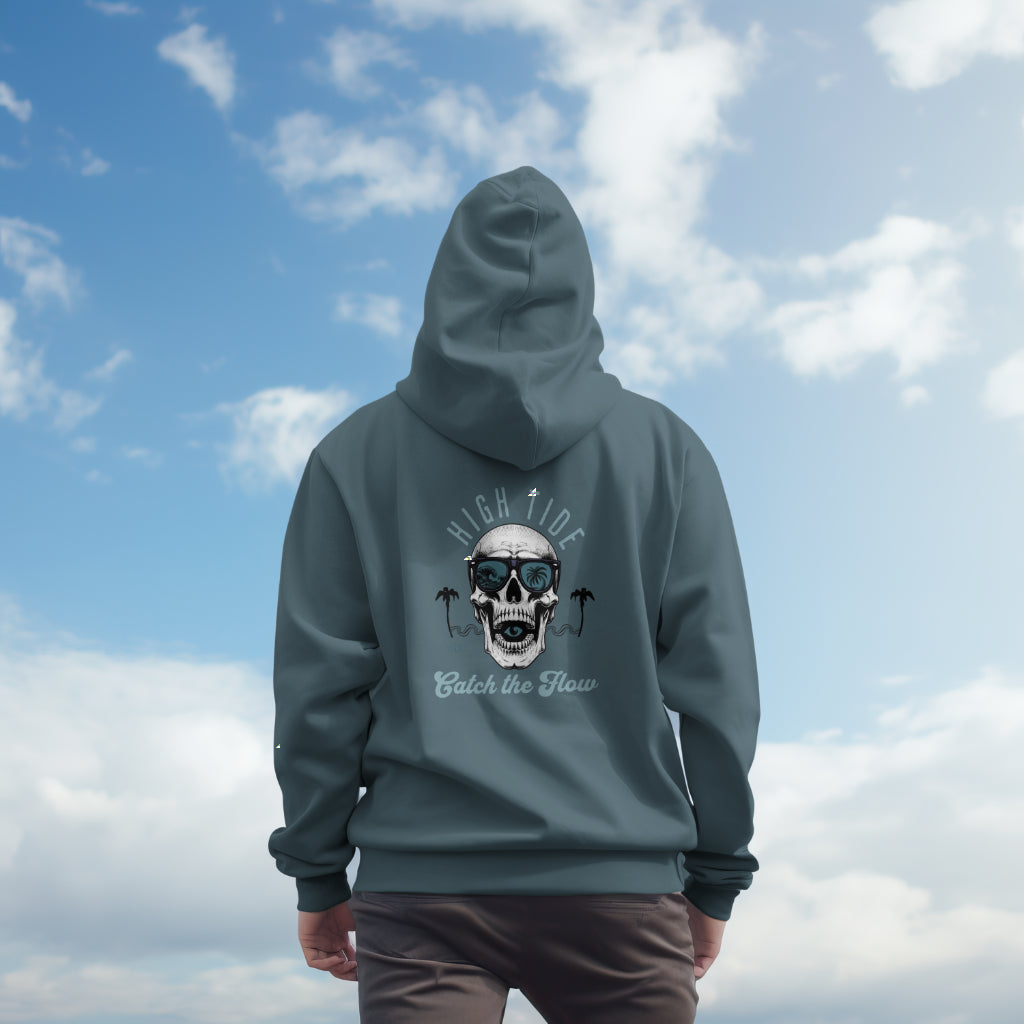 High Tide Skull and Beach Hoodie Teal and Gray Logo