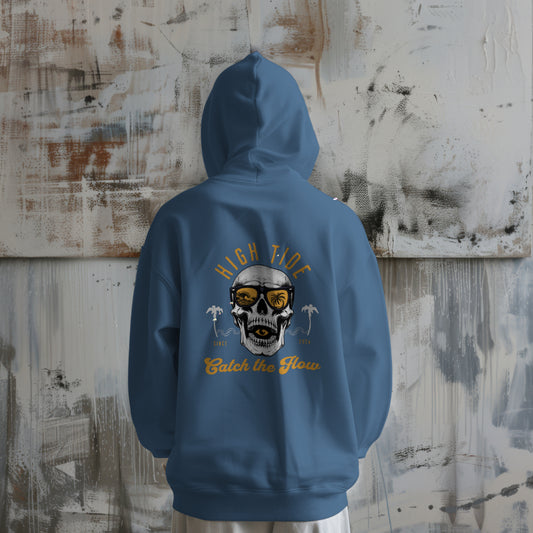 High Tide Skull and Beach Hoodie Orange and Black Logo