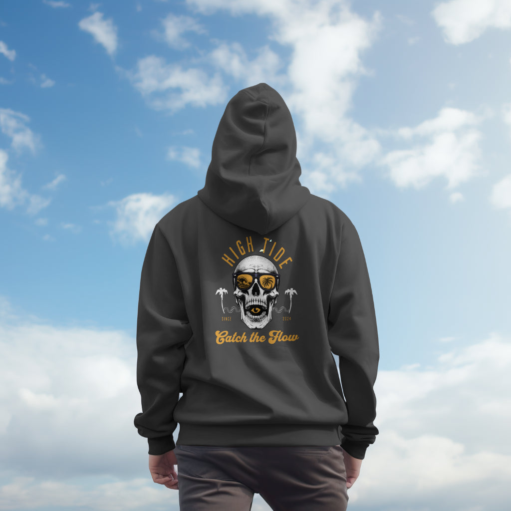 High Tide Skull and Beach Hoodie Orange and Black Logo