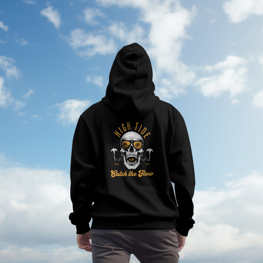 High Tide Skull and Beach Hoodie Orange and Black Logo